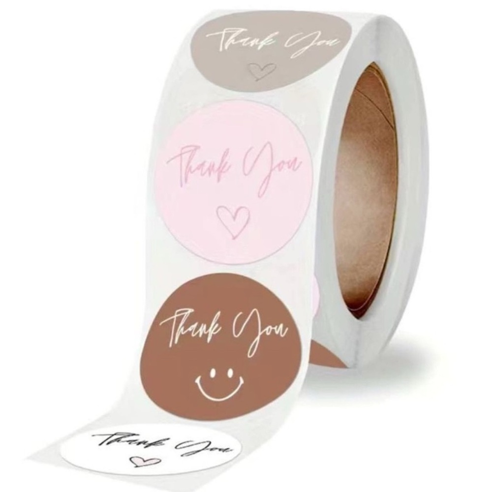 THANK YOU 🩶GRAY🩷PINK🤎BROWN🤍 WHITE 500pcs ROUND STICKER ROLL 🌟NWT🌟
